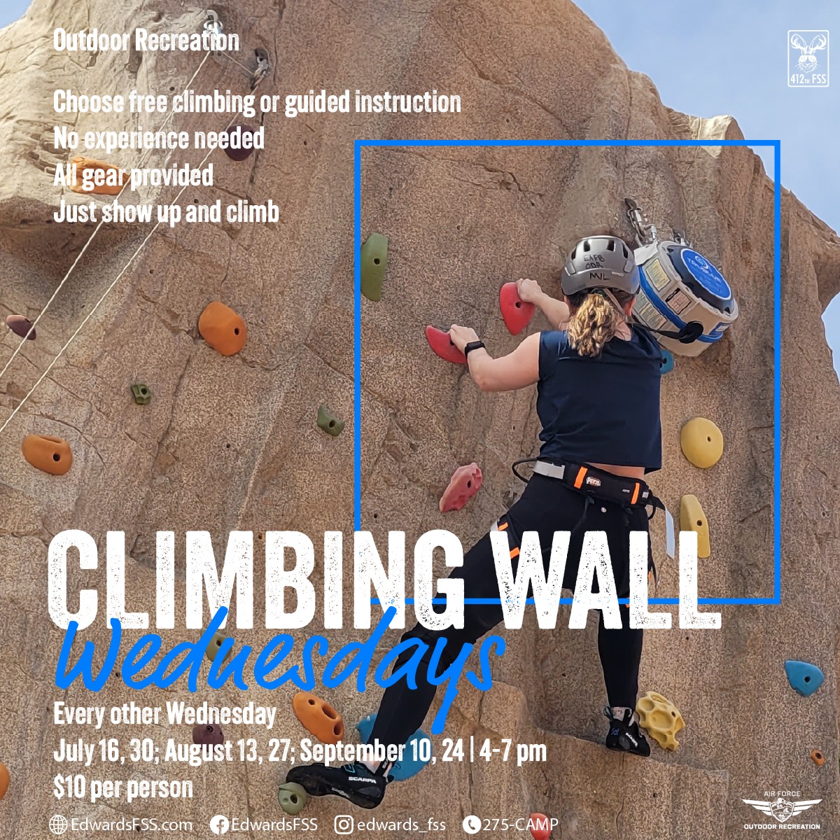 Ready to get vertical? It's Climbing Wall Wednesday! Come on over and challenge yourself today. We'll provide all the gear, so all you have to do is show up. See you at the wall! $10 | 4-7 PM Next dates: September 10, 24 Call 275-CAMP for more info