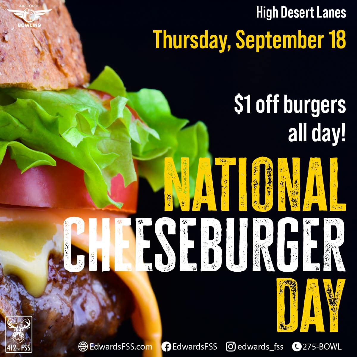 Don't miss out on National Cheeseburger Day!🎉 On Thursday, September 18, High Desert Lanes is offering $1 off all burgers, all day. It's the perfect time to get your cheeseburger fix.🍔 📞Call 275-BOWL for more info