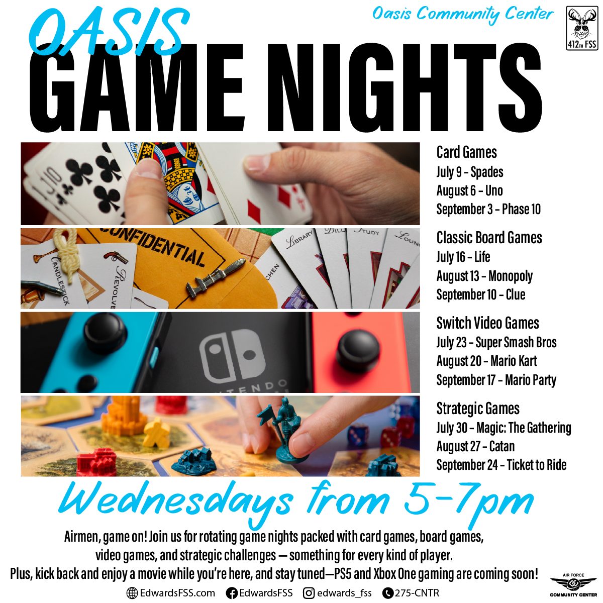 Airmen, game on!Join us for rotating game nights packed with card games, board games, video games and strategic challenges - something for every kind of player. Plus, kick back and enjoy a movie while you're here and stay tuned - PS5 and XBox One gaming are coming very soon!