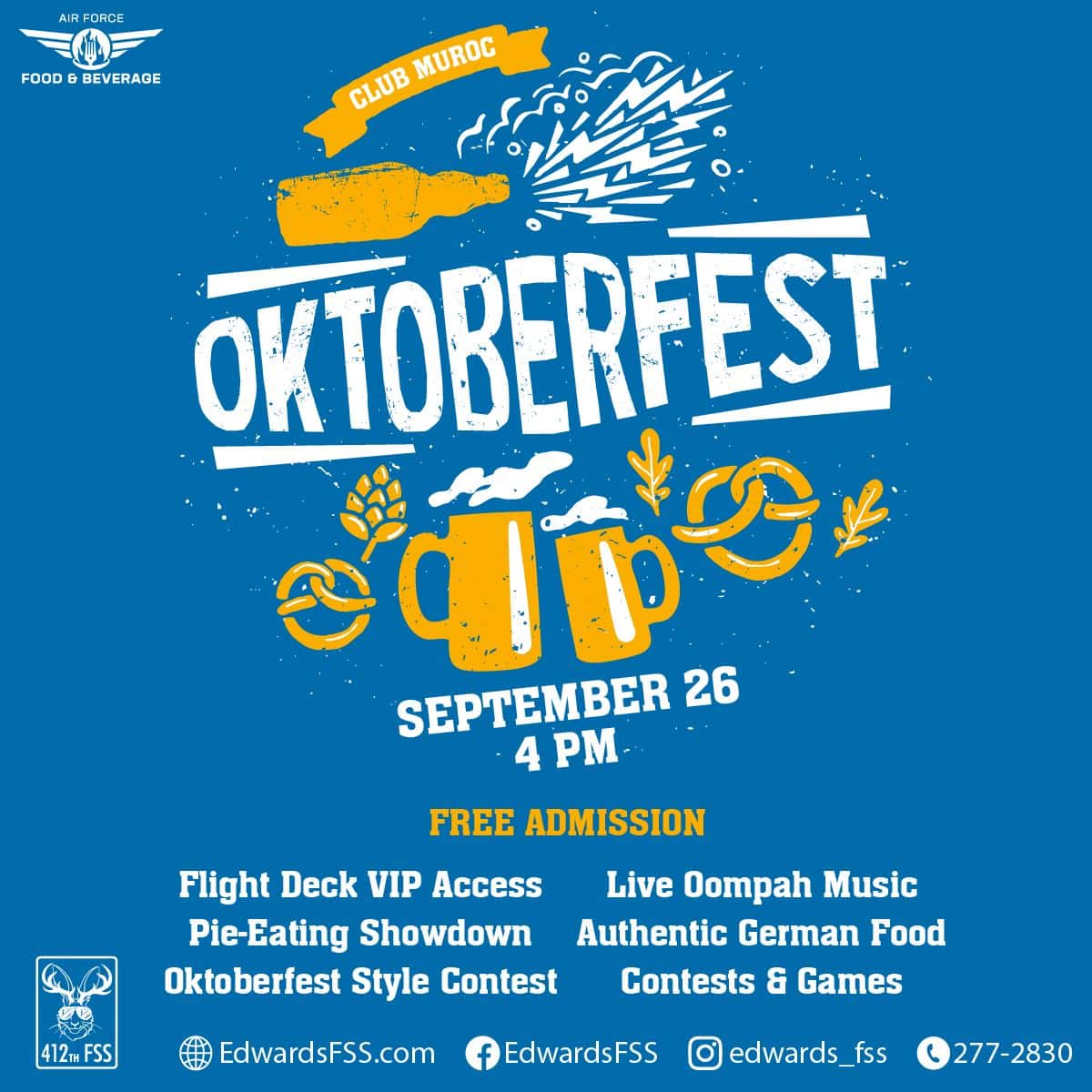 Prost! Celebrate Oktoberfest with us on September 26th at Club Muroc! Enjoy live Oompah music, authentic German food, a pie-eating showdown and more.