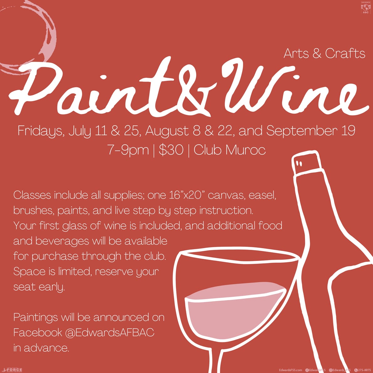 Ready for a relaxing evening? Grab a glass of wine and a brush at our Paint & Wine night, and paint your very own Moana masterpiece. Friday, September 19 | 7 – 9 pm | At Club Muroc $30 (all supplies & one glass of wine) Space is limited; reserve your seat early The class includes all supplies, one 16” x 20” canvas, easel, brushes, paints, and live step-by-step instructions. Your first glass of wine is included, and additional food and beverages will be available for purchase through the club.