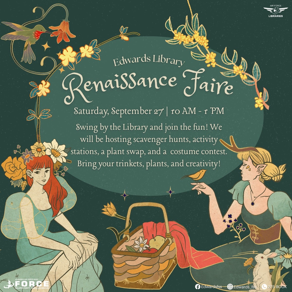 Calling all lords and ladies! The Edwards Library is transforming into a magical kingdom for our Renaissance Faire on Saturday, September 27th! Don your finest attire and prepare for a day of adventure, from daring scavenger hunts to a majestic costume contest. Join the revelry from 10 AM - 1 PM!  Saturday, September 27 | 10 – 1 pm Call 275-BOOK for more information.