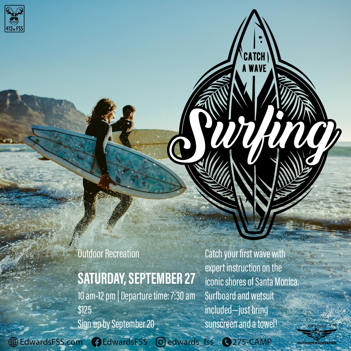 Hit the waves with Outdoor Recreation! Catch your first wave with expert instruction on the iconic shores of Santa Monica! Surfboard and wetsuit included – just bring sunscreen and a towel!