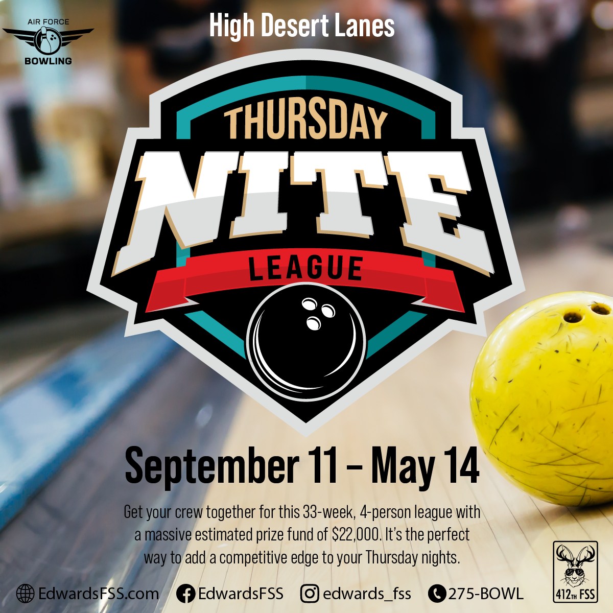 Get your crew together for this 33-week, 4-person team league with a massive estimated prize fund of $22,000! It's the perfect way to add a competitive edge to your Thursday nights.